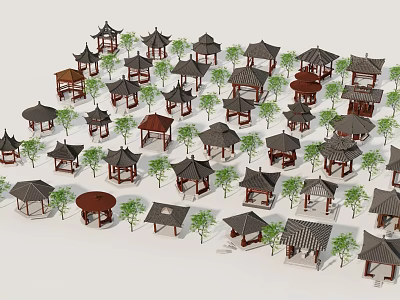 Traditional Chinese Style Pavilion Models with Green Trees in Garden Arrangement 3d model