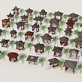 Traditional Chinese Style Pavilion Models with Green Trees in Garden Arrangement