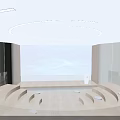 Tech Exhibition Hall With Large Blue Digital Screen Circular Floor And Reception Desk 3d model