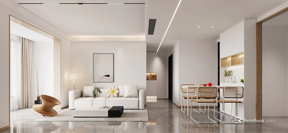 Modern Living And Dining Room Interior Design With White Sofa Coffee Table And Dining Chairs 3d model