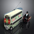 Vintage Double Decker Bus And Rickshaw Display With Man In Top Hat Seated On Rickshaw