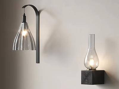 Modern Wall Lamps With Black Curved Arm Transparent Striped Shade And Wooden Square Base Illuminated 3d model