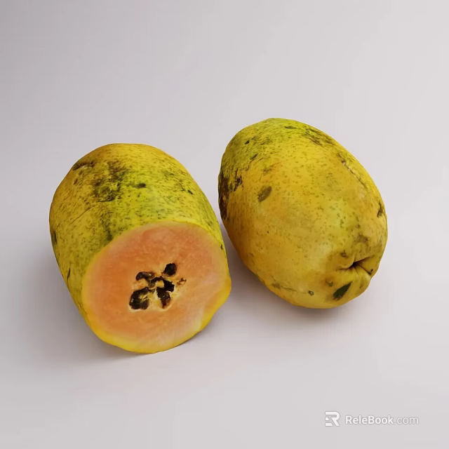 Two fresh papayas with one halved showing orange flesh and black seeds 3d model 