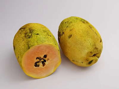Two fresh papayas with one halved showing orange flesh and black seeds 3d model