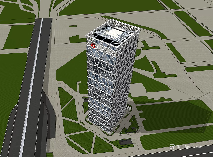 Modern Tall Office Building With Grid Facade Surrounded By Roads And Green Spaces 3d model 