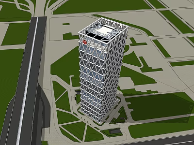 Modern Tall Office Building With Grid Facade Surrounded By Roads And Green Spaces 3d model
