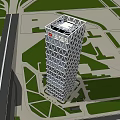 Modern Tall Office Building With Grid Facade Surrounded By Roads And Green Spaces