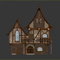 Fairy Tale Style Wooden House With Red Roof Balcony And Arched Windows