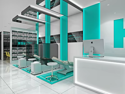 Modern Beauty Hair Salon Interior Design With Teal Decor White Counter And Computer Seats 3d model