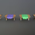 Wooden Benches With Metal Legs And Colored Cloths In Various Colors Arranged Neatly