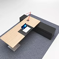 Modern Office Desk With Black Chair Red Desk Lamp Black Cabinets Gray Rug And Decorations