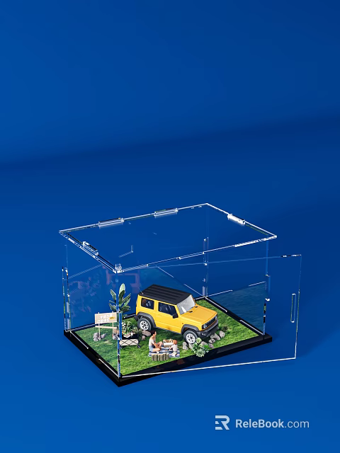 Transparent Acrylic Box With Yellow SUV Model Grass Sign Plants Figures On Blue Background 3d model 