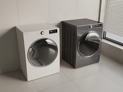 Two White and Gray Front Loading Washing Machines in Modern Room With Tiled Walls 3d model