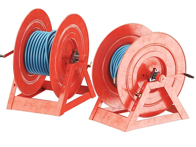 Red Fire Hose Reels With Blue Hoses And Stand Base For Fire Safety 3d model