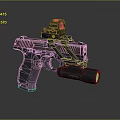 Red And Black Tactical Pistol With Red Dot Sight And Flashlight On Dark Reflective Surface