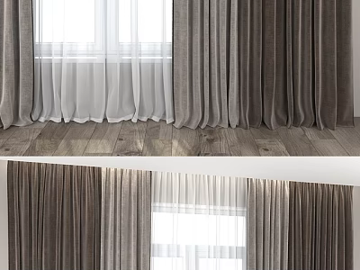 Gray Curtains With White Sheer Design For Modern Interior Window And Wooden Floor 3d model