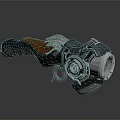 Steampunk Inspired Metallic Device With Wooden Handle And Gear Knob Details