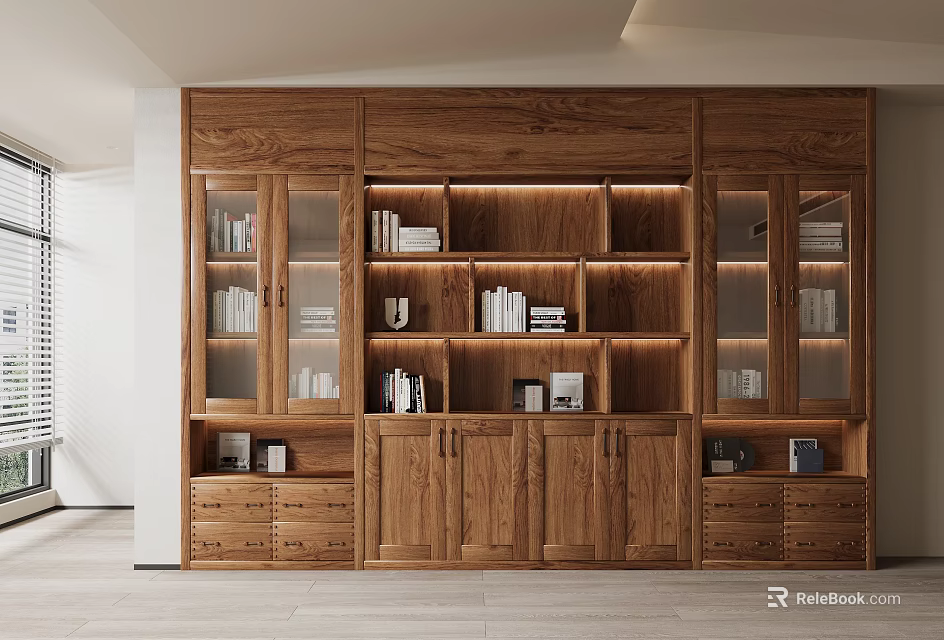 Modern Wooden Bookcase with Glass Doors Drawers Multiple Shelves Wood Grain and Lighting 3d model 