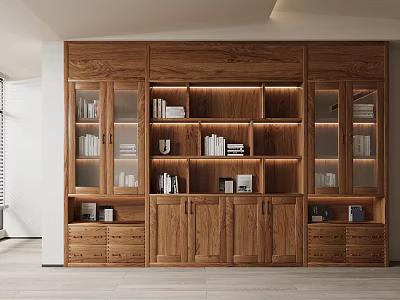 Modern Wooden Bookcase with Glass Doors Drawers Multiple Shelves Wood Grain and Lighting 3d model
