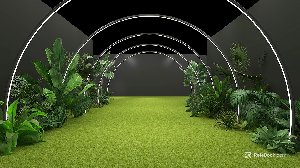 Tropical Plants Lined Arched Passageway With Green Grass And White Curved Decorations 3d model 