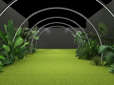 Tropical Plants Lined Arched Passageway With Green Grass And White Curved Decorations 3d model