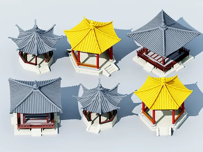 Traditional Chinese Pavilions With Yellow And Gray Roofs 3D Architectural Models 3d model