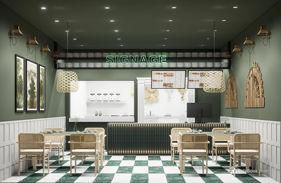 Green Restaurant Interior With Rattan Pendant Lights White Bar Counter Wooden Decor And Checkered Floor 3d model 