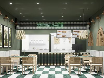 Green Restaurant Interior With Rattan Pendant Lights White Bar Counter Wooden Decor And Checkered Floor 3d model