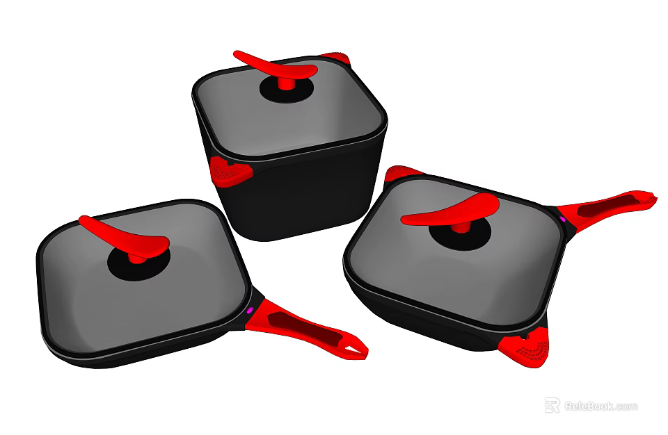 Modern Black Cookware Set With Red Handles And Square Lids For Kitchen Use 3d model