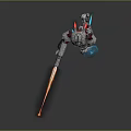 Robot Character With Blue Shield Arm Emitting Orange Beam And Silver Red Blue Mechanical Armor