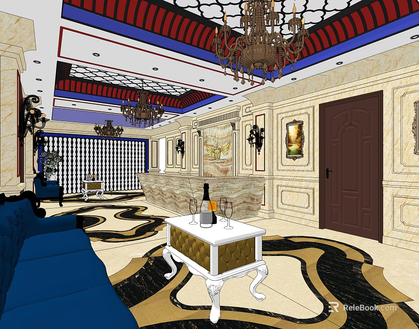 Luxurious KTV Lounge Interior With Blue Sofas Chandeliers Marble Walls And Decorative Paintings 3d model 