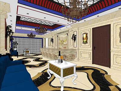 Luxurious KTV Lounge Interior With Blue Sofas Chandeliers Marble Walls And Decorative Paintings 3d model