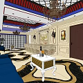 Luxurious KTV Lounge Interior With Blue Sofas Chandeliers Marble Walls And Decorative Paintings