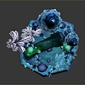 Blue Glowing Pine Trees With Green Mossy Log And Small Stones On Island Base