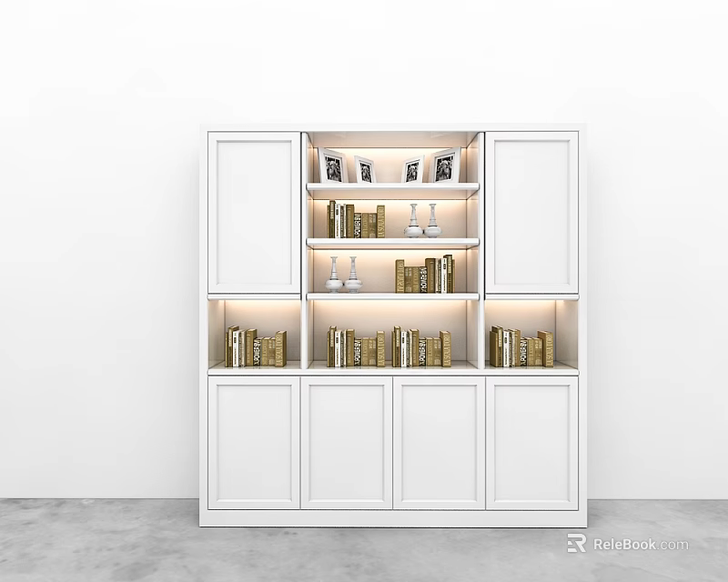 White Modern Storage Cabinet With Illuminated Shelves And Books Decorative Items 3d model 