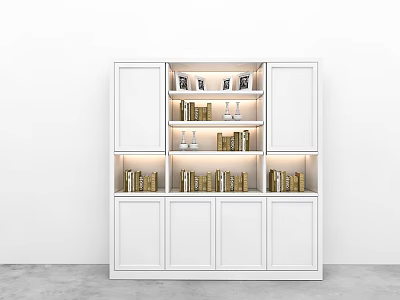 White Modern Storage Cabinet With Illuminated Shelves And Books Decorative Items 3d model