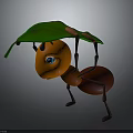 Cute Orange Ant Holding Green Leaf as Natural Umbrella in Simple Scene