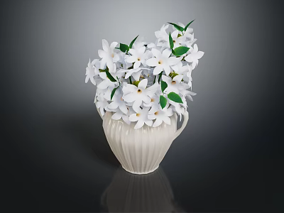 Fresh White Flowers With Green Leaves in Elegant White Vase on Dark Background 3d model