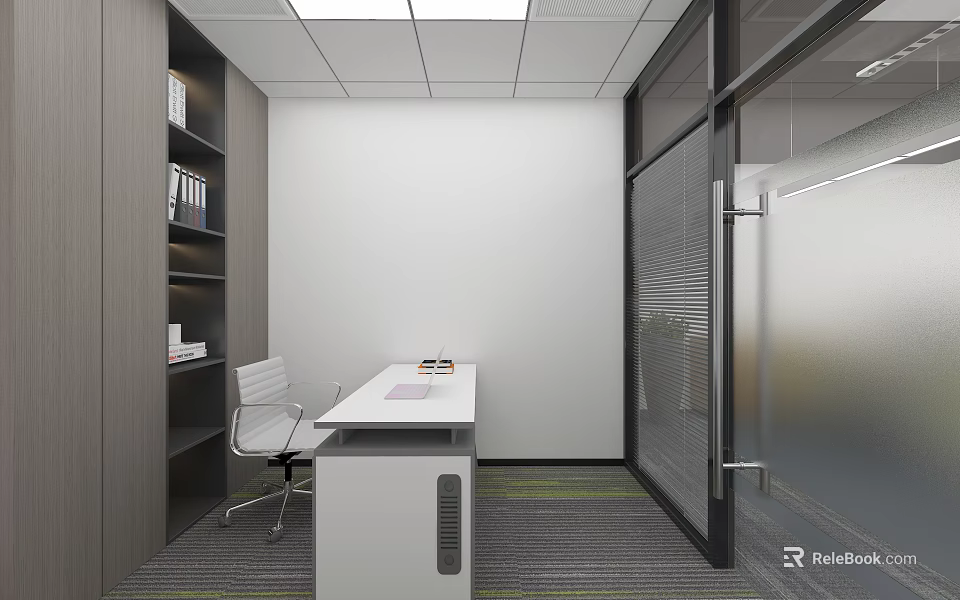 Modern Office Interior With Desk Chair Bookshelf Glass Partition And White Walls 3d model 