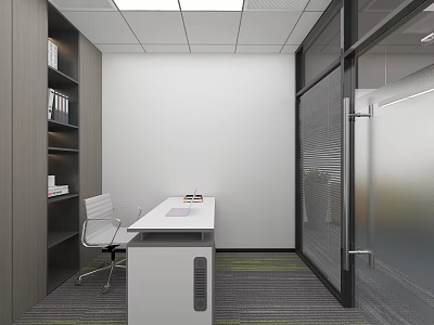 Modern Office Interior With Desk Chair Bookshelf Glass Partition And White Walls 3d model