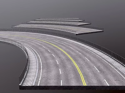Modern Urban Road Infrastructure With Curved Design Yellow Double Lines White Lane Markings And Guardrails 3d model