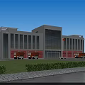 Modern Office Building Featuring White Red Exterior Large Glass Windows Lawn And Fire Trucks