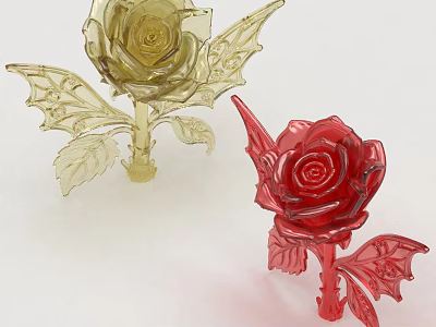 Decorative Ornament Set with Yellow and Red Rose Shaped Glass Figures Featuring Leaves and Stems 3d model