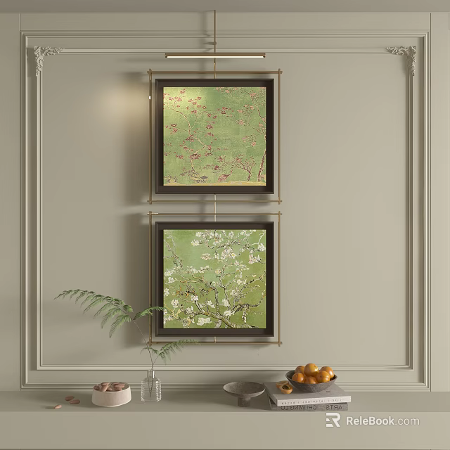 Square Abstract Paintings With Green Background Red White Patterns Dark Frames Hanging On Wall 3d model