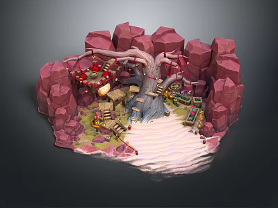 3D Cartoon Island Scene With Red Rocks Tree Rope Bridge Small Boat And Sandy Beach 3d model