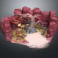3D Cartoon Island Scene With Red Rocks Tree Rope Bridge Small Boat And Sandy Beach