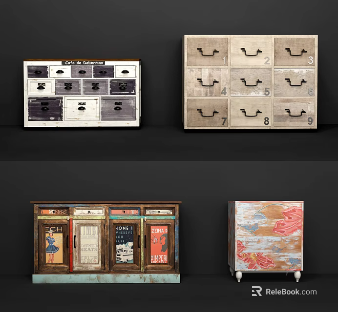 Vintage Entryway Console Cabinet With Distressed Drawers Number Labels And Decorative Wheels 3d model 