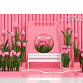 Pink Tulips In Vase With Decorative Floral Display And White Bench On Pink Background