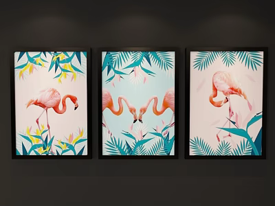 Three Framed Pink Flamingo Animal Paintings With Green Tropical Leaves Background 3d model