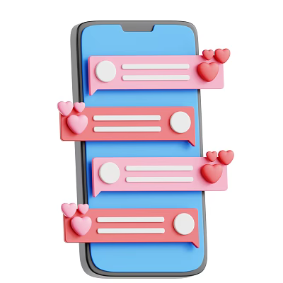 Smart Mobile Device Showing Chat Bubbles With Pink Blue Design And Heart Icons 3d model